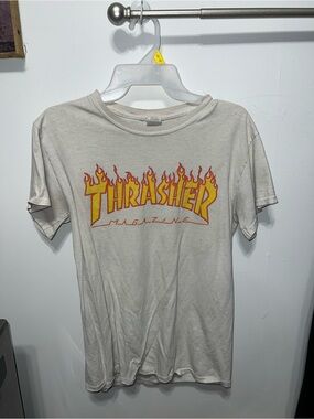 Thrasher Cream Short-Sleeve Tee with Yellow & Red Flame Logo